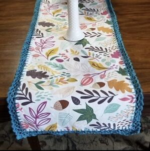 Table runner hand crochet border fall blue teal